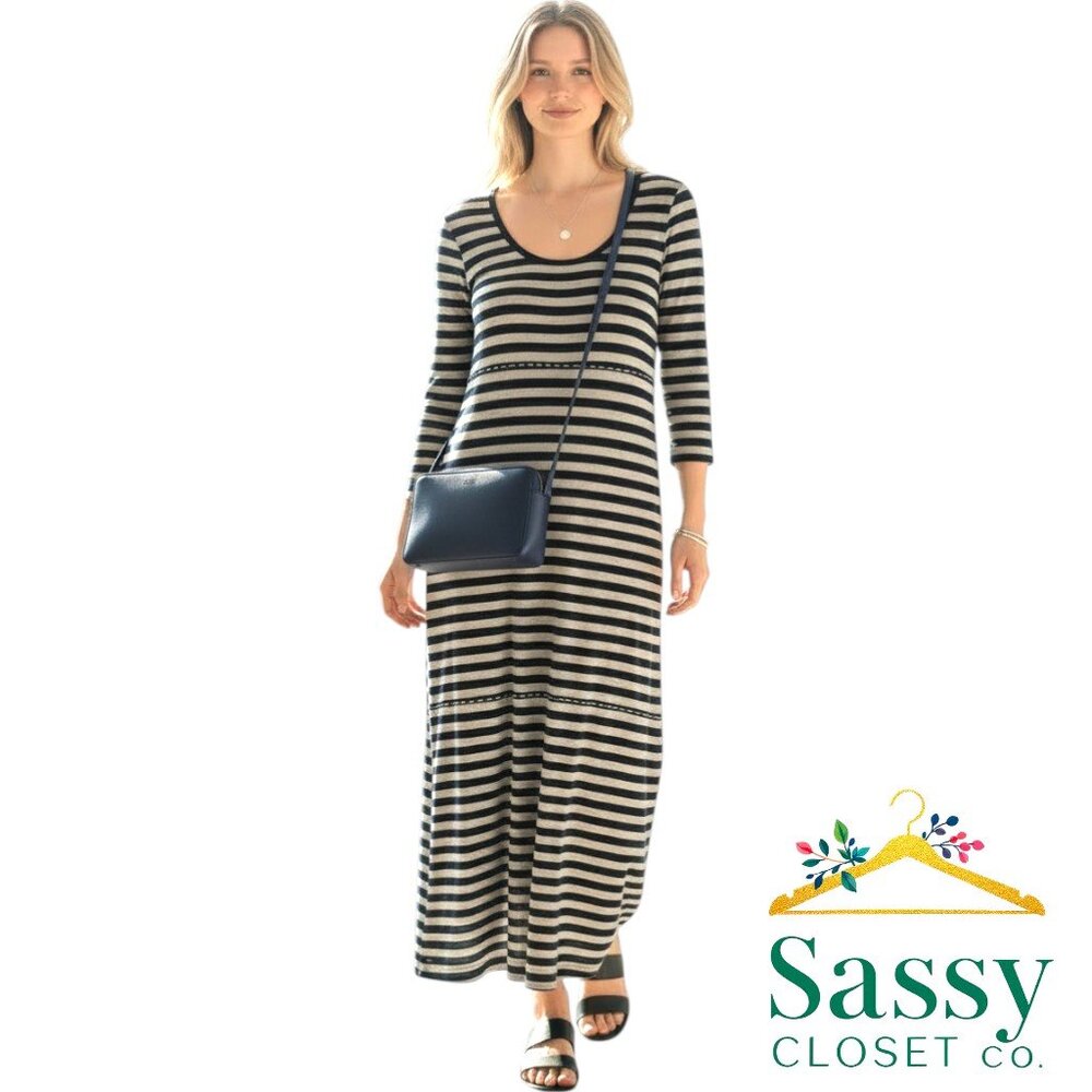 ✨ MICHAEL KORS Gray Navy Stripe Maxi Dress Slit M ✈️